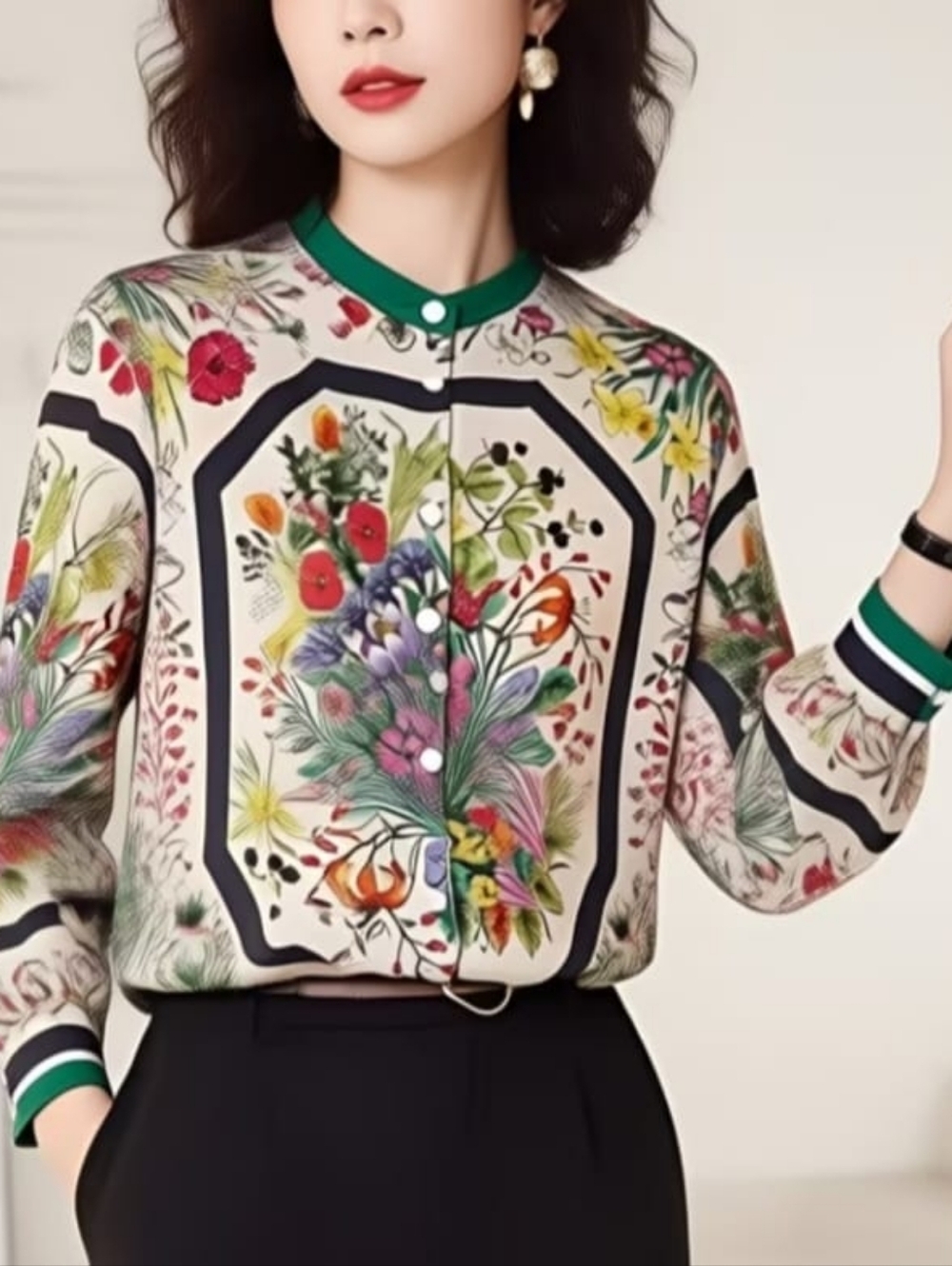 🍀Floral Print Long Sleeve Blouse in Ivory and Green